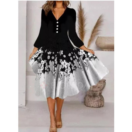 Damen V-Ausschnitt Midi-Kleid mit fließendem Rock und floralem Ärmeldesign EB