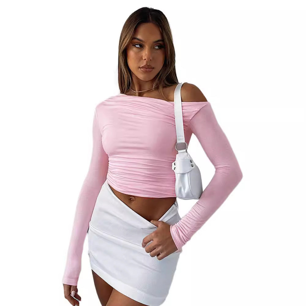 Damen Stylisches Oversized Shirt mit versetztem Kragen und Raffung EB