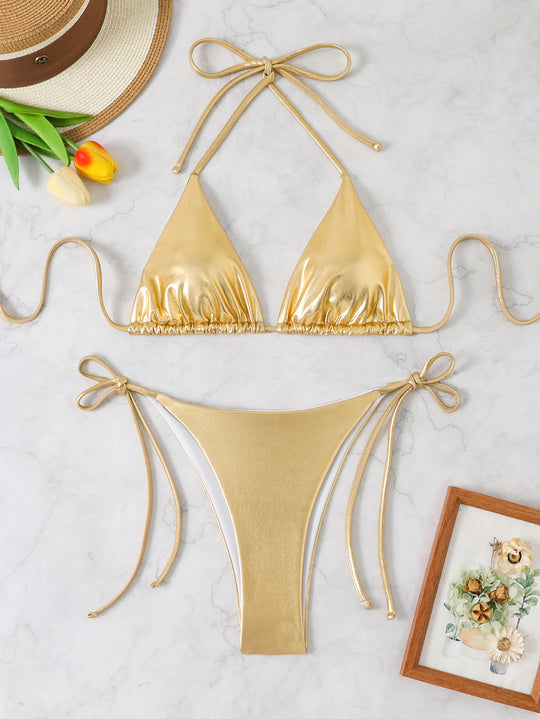 Damen Glänzendes Triangel-Bikini-Set mit verstellbaren Bändern EB