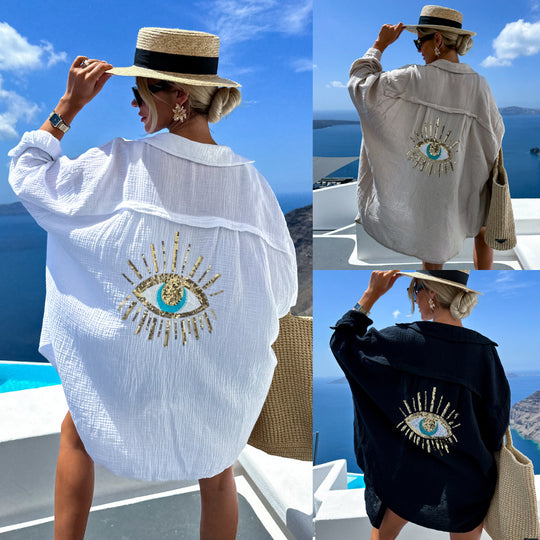 Damen luftige Strandbluse mit glänzendem Eye-Design EB