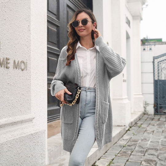 Damen Lässige Strickjacke mit tiefem V-Ausschnitt und praktischen Taschen EB
