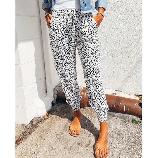 Damen nan lässige Leoparden-Print Jogginghose mit Tunnelzug, Eingrifftaschen und elastischen Bündchen EB
