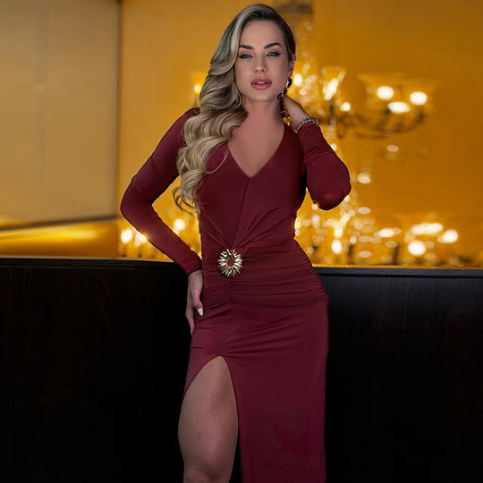Damen elegantes langärmliges Abendkleid mit Raffung und hohem Schlitz EB