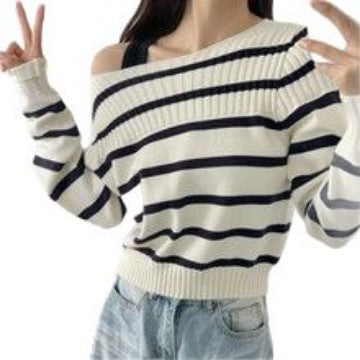 Damen Off-Shoulder Streifenpullover mit Rippstruktur EB
