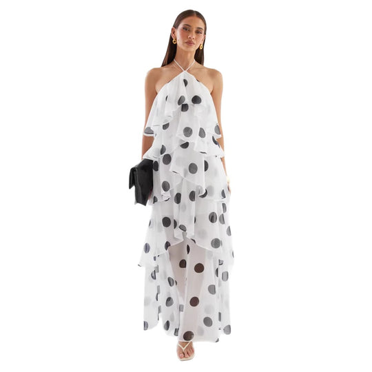 Damen Maxikleid mit schwingenden Volants und modernen Punkten EB