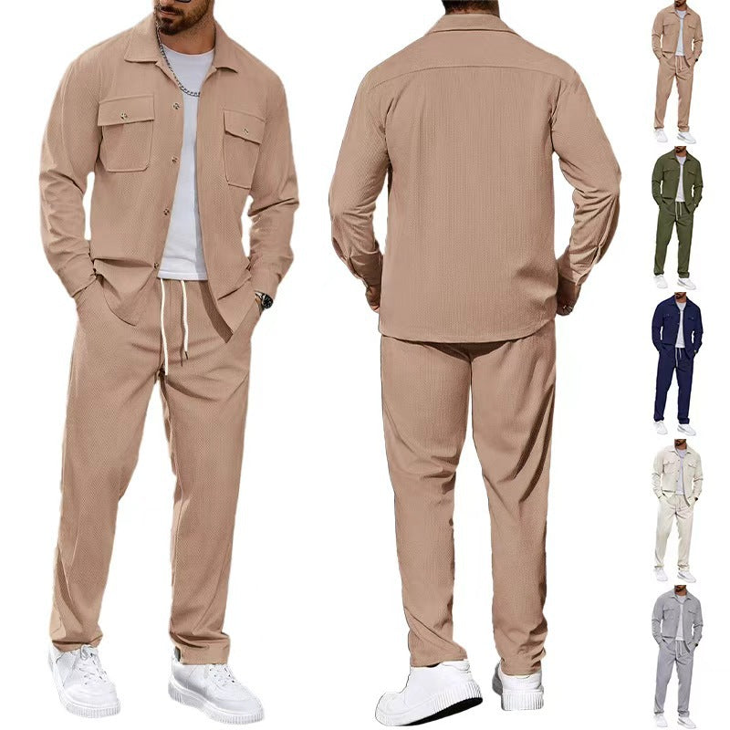 Herren nan lässiger Zweiteiler Hemdjacke mit aufgesetzten Brusttaschen und Kordelzughose EB