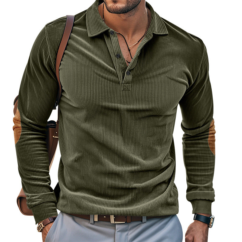Herren lässiges Langarm-Henley-Shirt mit strukturiertem Rippenstoff und kontrastierenden Ellbogenpatches EB