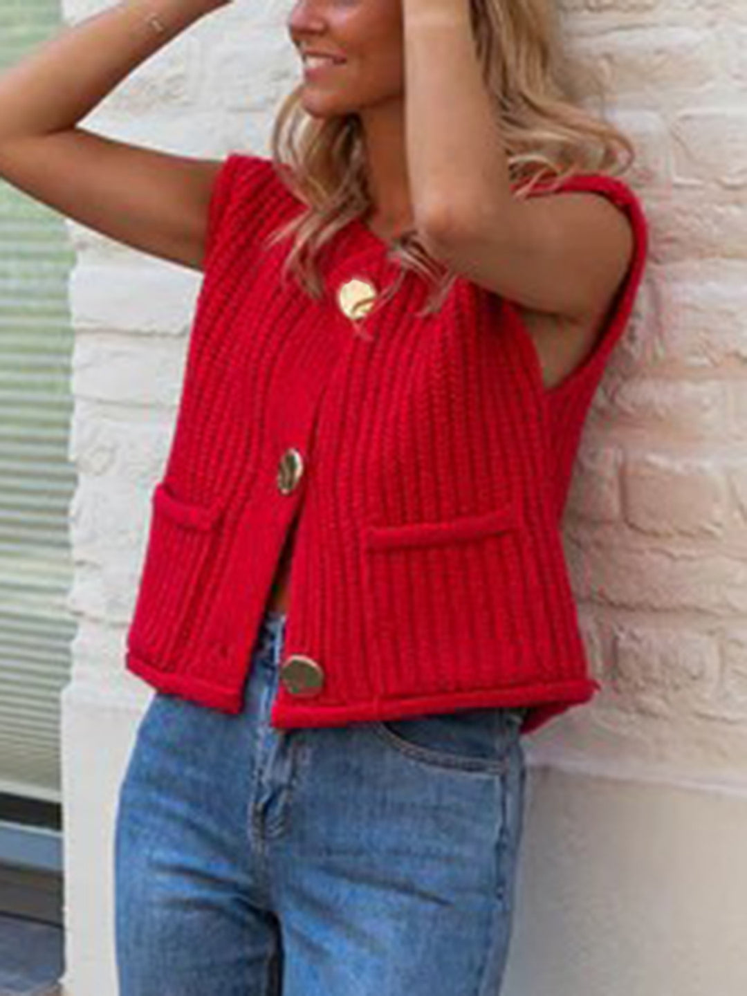 Damen Strickweste mit dekorativen Knöpfen und praktischen Taschen EB