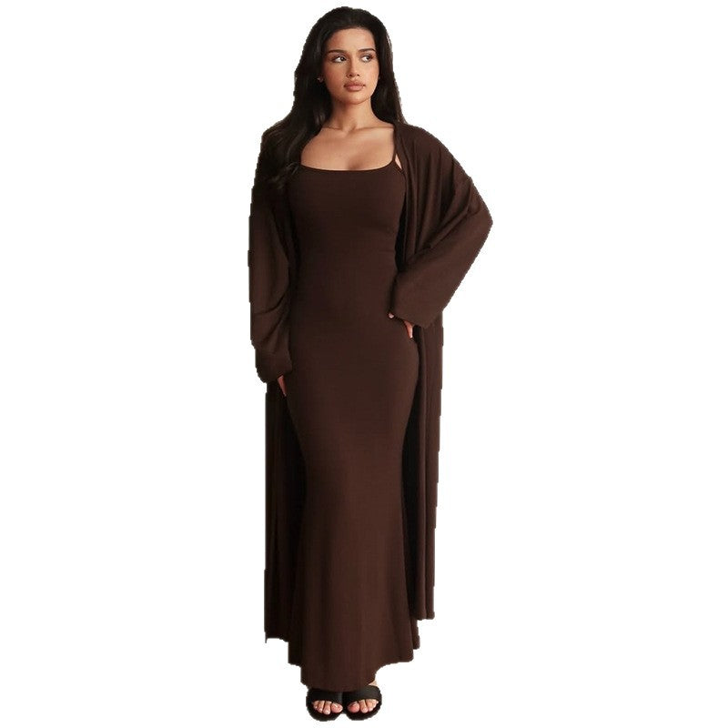 Damen Langärmliges Maxikleid mit offenem Cardigan EB