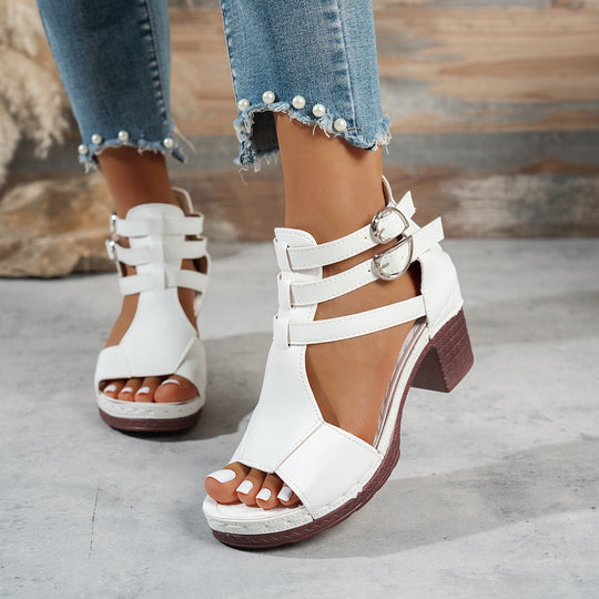 Damen Offene Riemensandalen mit Blockabsatz und Doppel-Schnallen EB