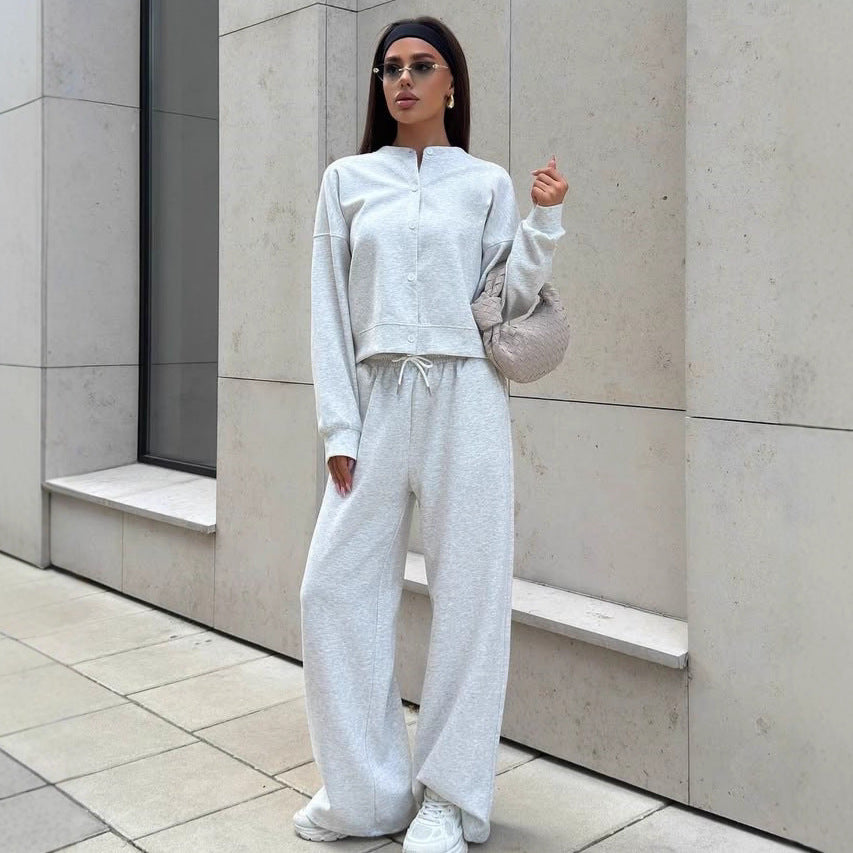 Damen Zweiteiliges Loungewear-Set mit verdeckter Druckknopf-Cardigan und weiten High-Waist Jogpants EB
