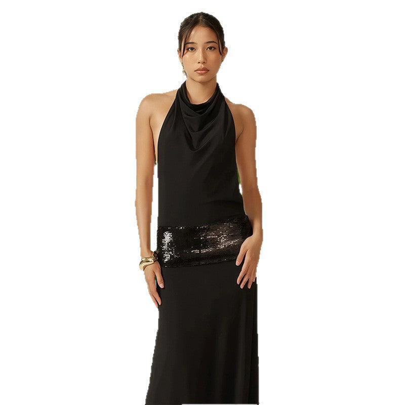 Damen Abendkleid mit schickem Wasserfallausschnitt und glitzerndem Taillenelement EB