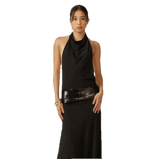 Damen Abendkleid mit schickem Wasserfallausschnitt und glitzerndem Taillenelement EB