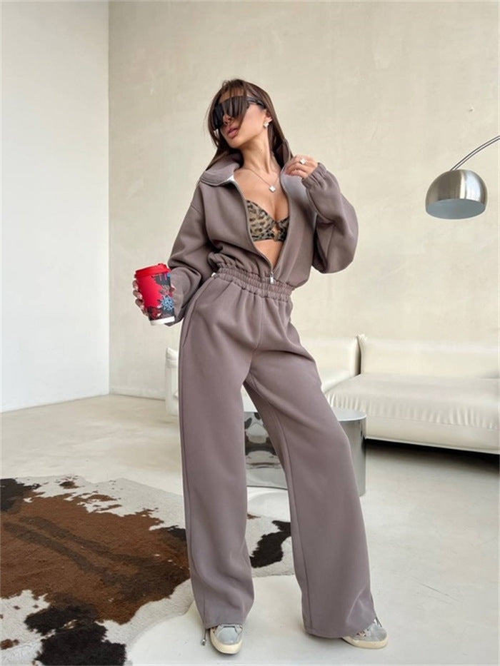 Damen Loungewear-Set mit halbem Reißverschluss, elastischem Taillenbund und weiter Jogginghose EB