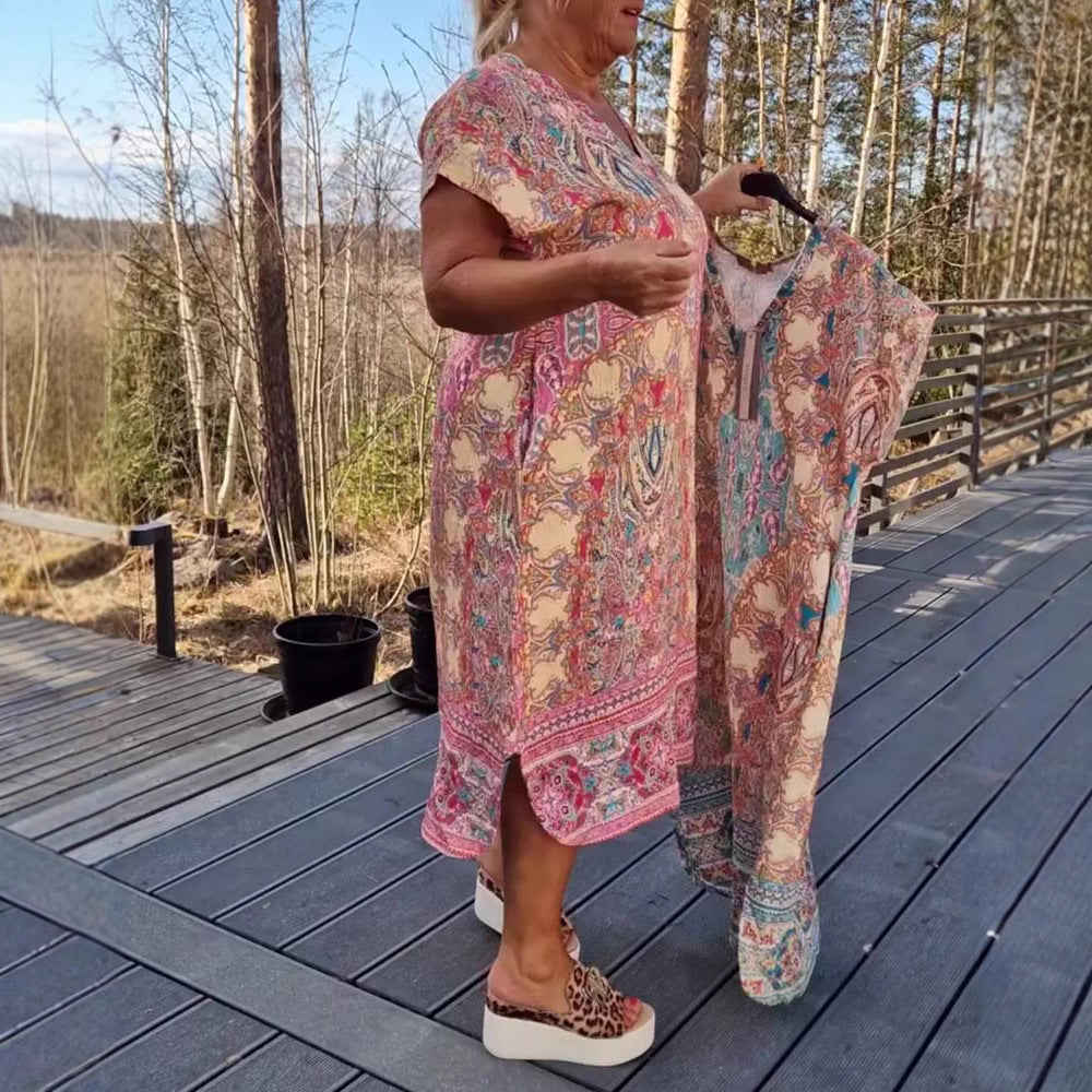 Damen nan luftiges V-Ausschnitt-Kleid im Paisley-Print mit Eingrifftaschen und passendem Pareo EB