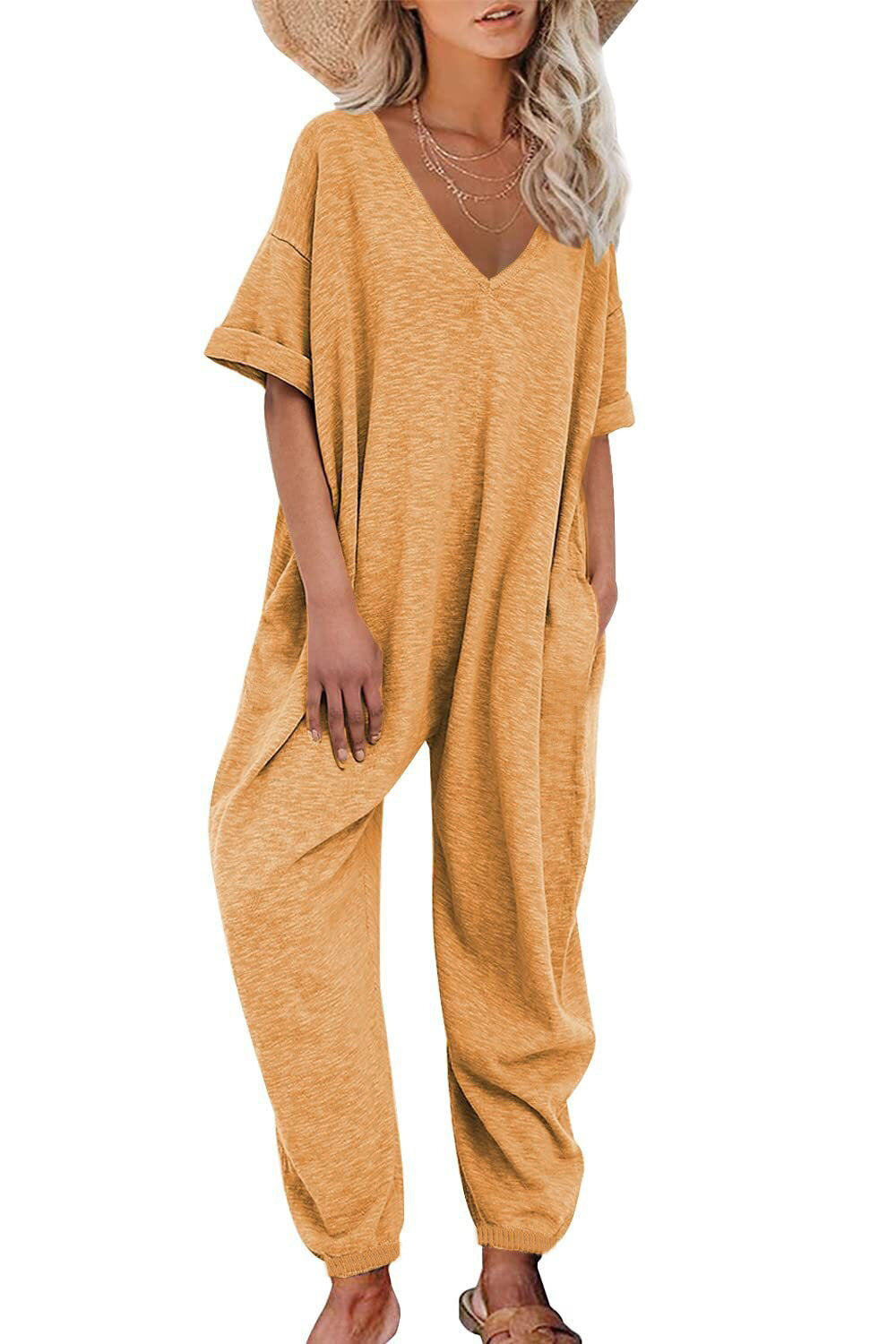 Damen Oversized Jumpsuit mit tiefem V-Ausschnitt und lässigen Taschen EB