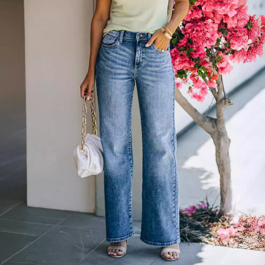 Damen Weit geschnittene Jeanshose mit hohem Bund und dezenten Waschungen EB