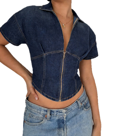 Damen Kurzarm Denim-Jacke mit teilbarem Reißverschluss und modischem Schnitt EB