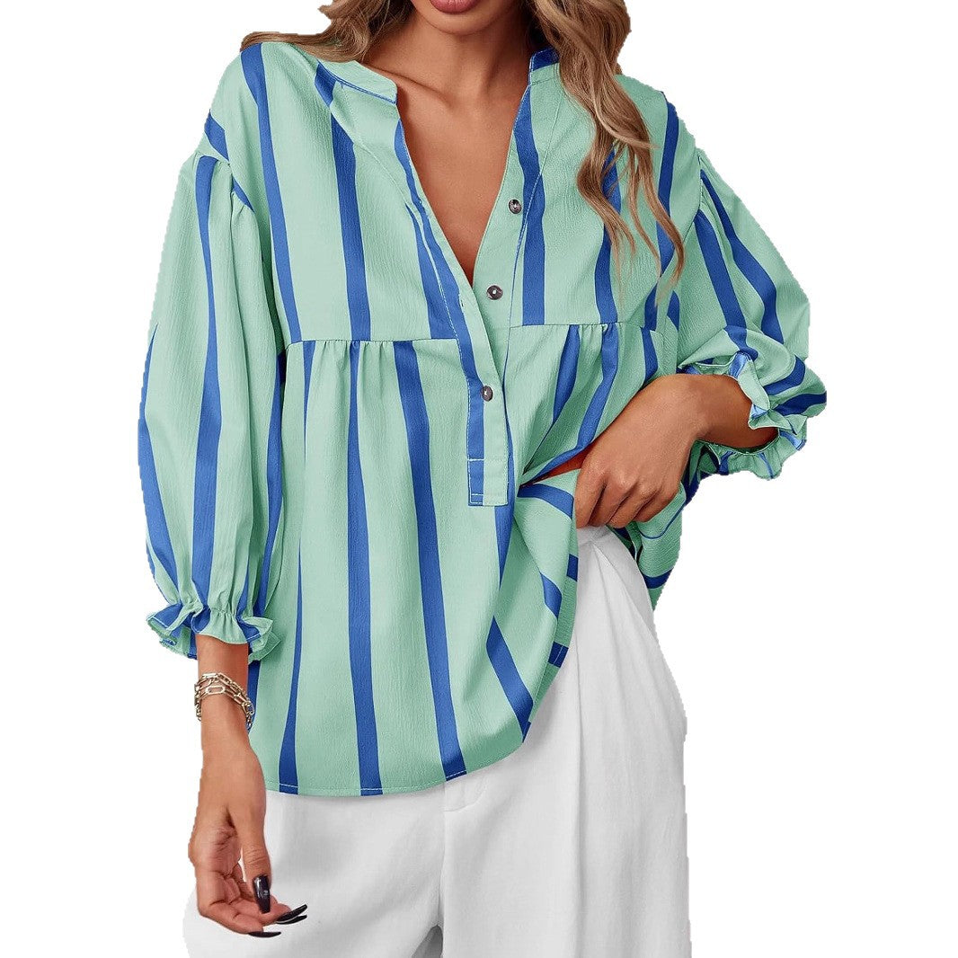 Damen oversize Bluse mit Streifenmuster und Knopfleiste EB
