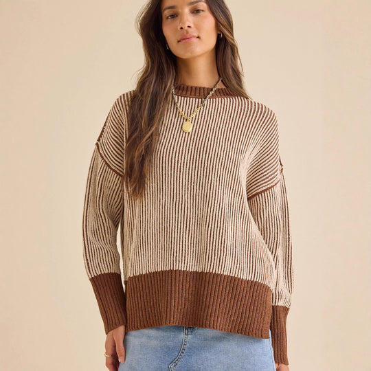 Damen lässiger Strickpullover mit modernem Rippenmuster und überschnittenen Schultern EB