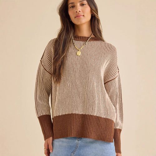 Damen lässiger Strickpullover mit modernem Rippenmuster und überschnittenen Schultern EB