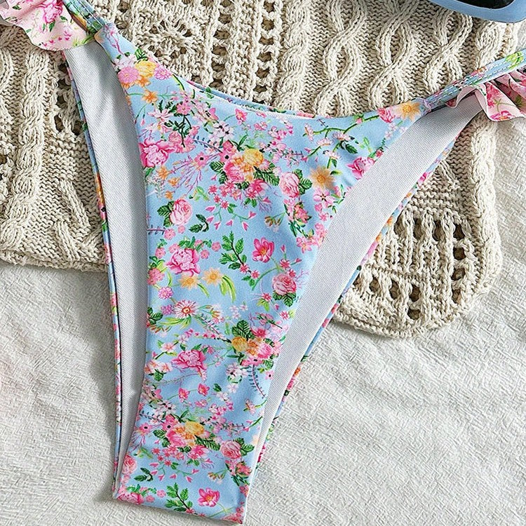 Damen Triangel-Bikini-Set mit floralen Rüschendetails und verstellbaren Trägern EB