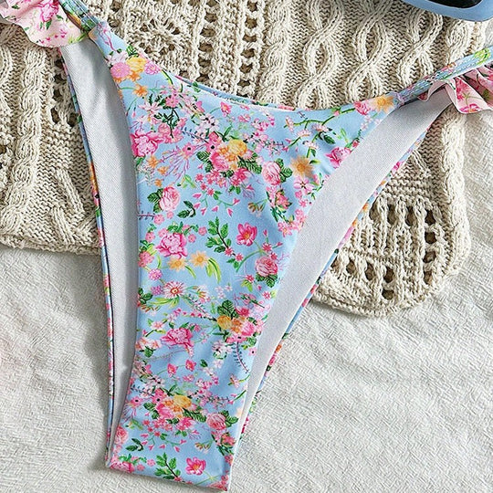 Damen Triangel-Bikini-Set mit floralen Rüschendetails und verstellbaren Trägern EB