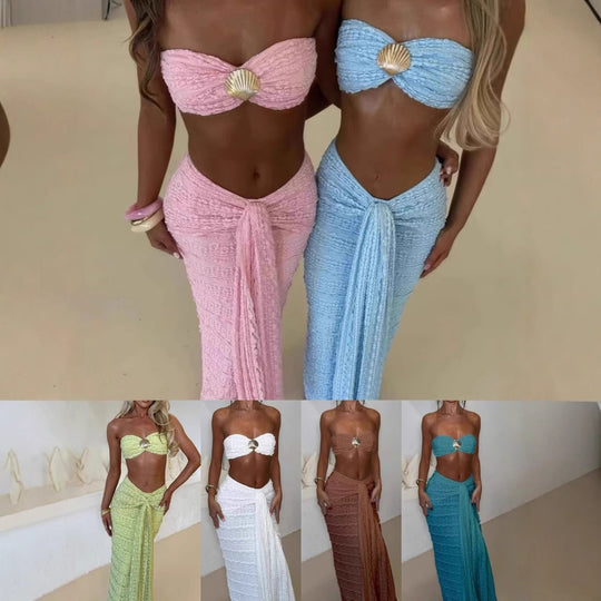 Damen Kleidungsset aus feiner Spitze und elegantem Wickelsaum EB