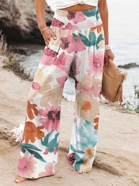Damen Weit geschnittene Strandhose mit floralem Motiven und elastischem Bund EB
