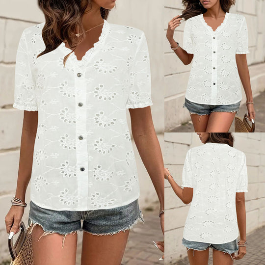 Damen luftiges Blusenshirt mit kunstvollen Lochmustern und Knopfdetails EB
