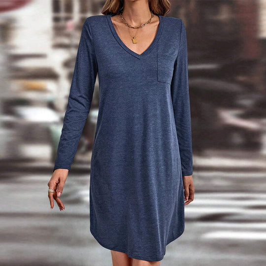 Damen lässiges Jersey-Kleid mit V-Ausschnitt Brusttasche und legerer A-Linie Eichborn Berlin