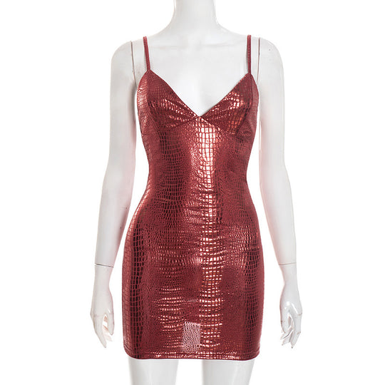 Damen Mini-Kleid mit glänzender Krokodil-Optik und Spaghetti-Trägern EB