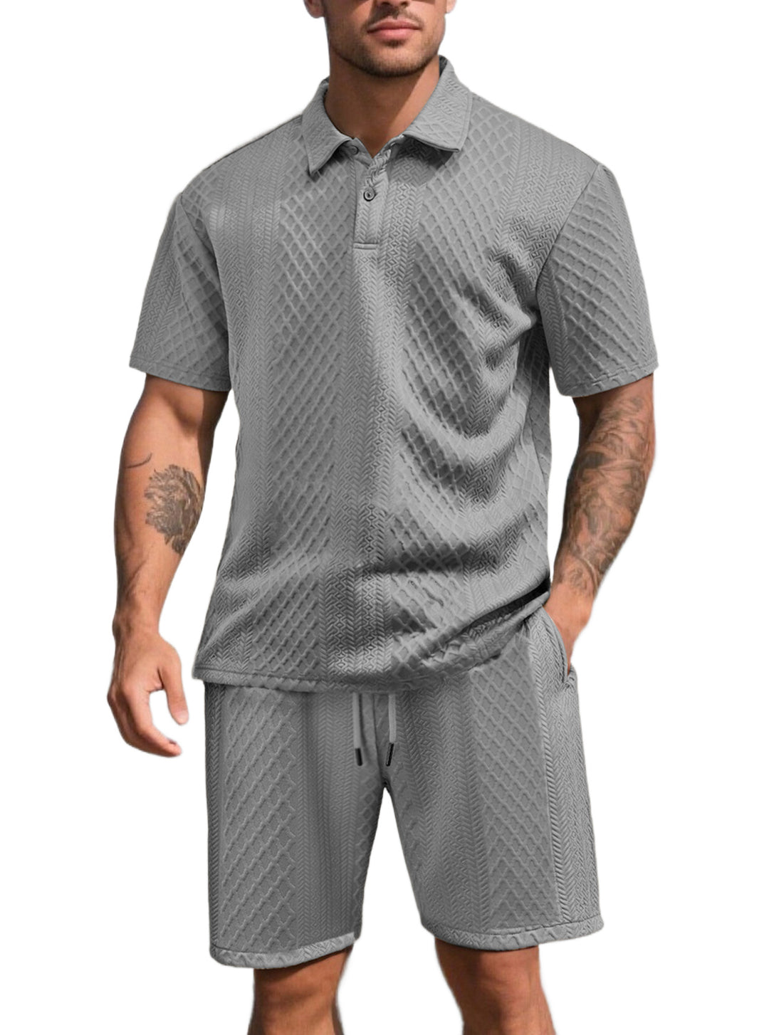 Herren nan dreidimensionales Relief-Freizeit-Set mit Polokragen, verdeckter Knopfleiste und elastischer Tunnelzugshorts EB