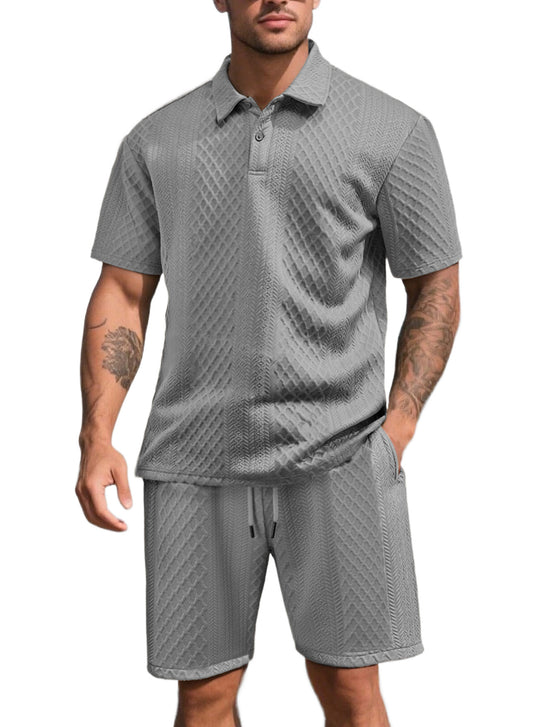 Herren nan dreidimensionales Relief-Freizeit-Set mit Polokragen, verdeckter Knopfleiste und elastischer Tunnelzugshorts EB