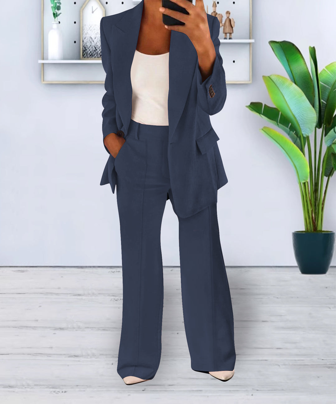 Damen Zweiteiliges Business-Casual Tailoring-Set mit Longline-Blazer und weitem Bundfalten-Hosenbein EB