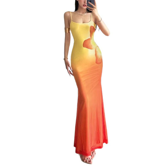 Damen figurbetontes Abendkleid mit Spaghettiträgern und Farbverlauf EB