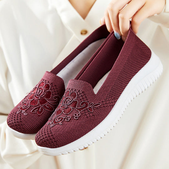 Damen Bequeme Slip-On Sneakers mit dekorativem Blumenmuster EB