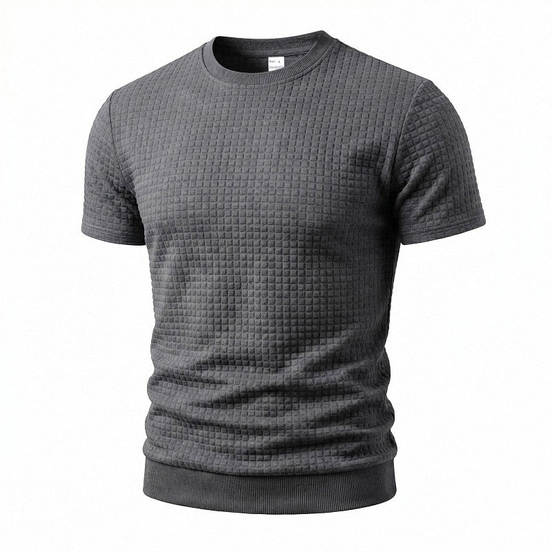 Herren nan kurzärmeliges Strickshirt mit geprägter Karostruktur, Rundhalsausschnitt und geripptem Saum EB