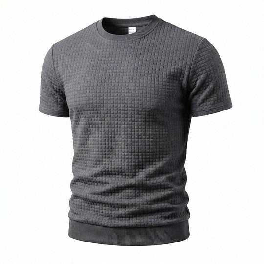 Herren nan kurzärmeliges Strickshirt mit geprägter Karostruktur, Rundhalsausschnitt und geripptem Saum EB