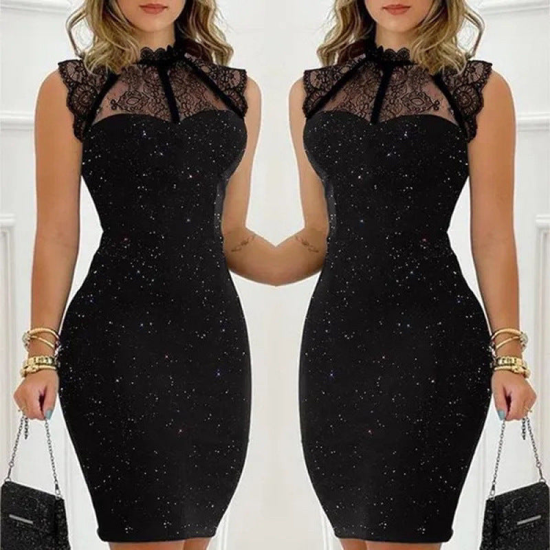 Damen Abendkleid mit exklusivem Spitzenkragen und schimmernden Akzenten EB