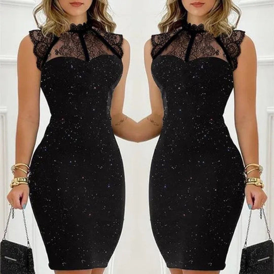 Damen Abendkleid mit exklusivem Spitzenkragen und schimmernden Akzenten EB