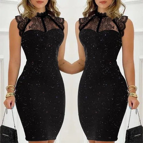 Damen Abendkleid mit exklusivem Spitzenkragen und schimmernden Akzenten EB
