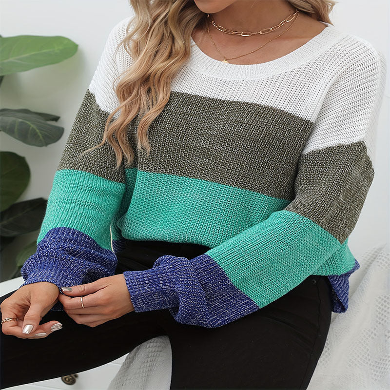 Damen lässiger Strickpullover mit modischem Farbmix und weitem Schnitt EB