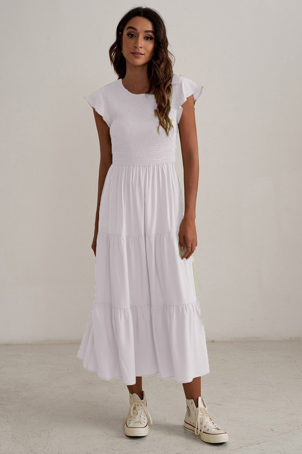 Damen Maxikleid mit voluminösen Rüschen und elastischem Rücken EB