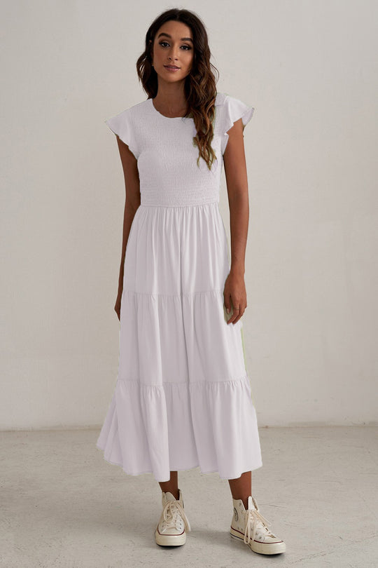 Damen Maxikleid mit voluminösen Rüschen und elastischem Rücken EB