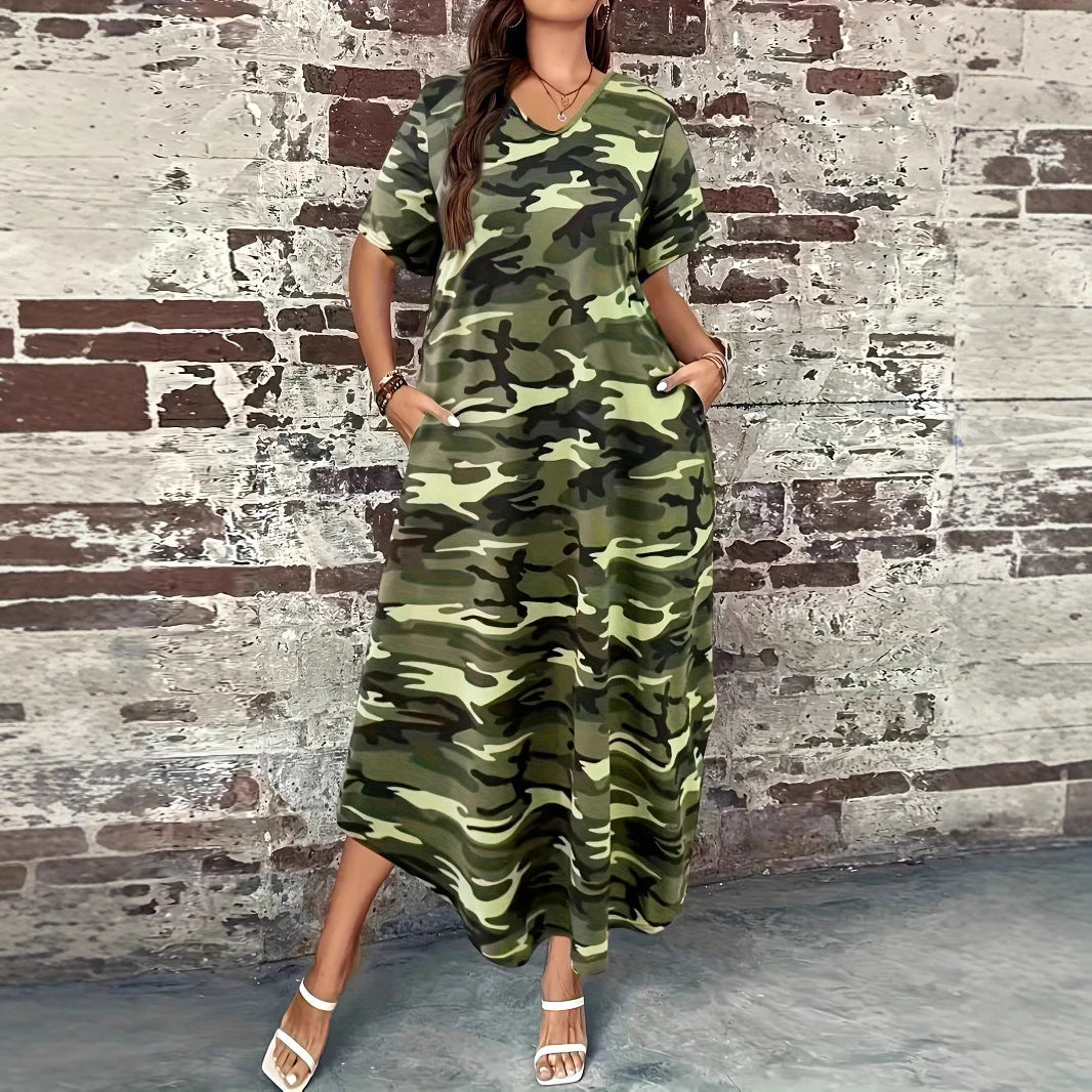 Damen Maxi-Kleid mit modernem Camouflage-Design und praktischen Taschen EB