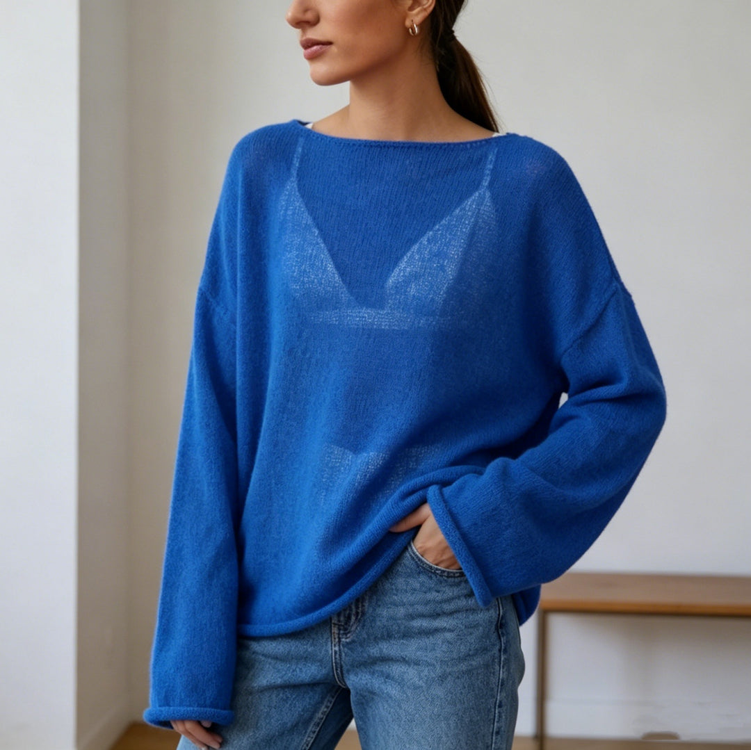 Damen luftiger Oversize-Feinstrickpullover mit weitem Arm und Rundhalsausschnitt EB