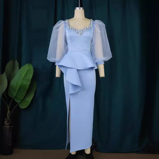 Damen Elegantes Abendkleid mit funkelnden Perlen und voluminösen Tüllärmeln EB
