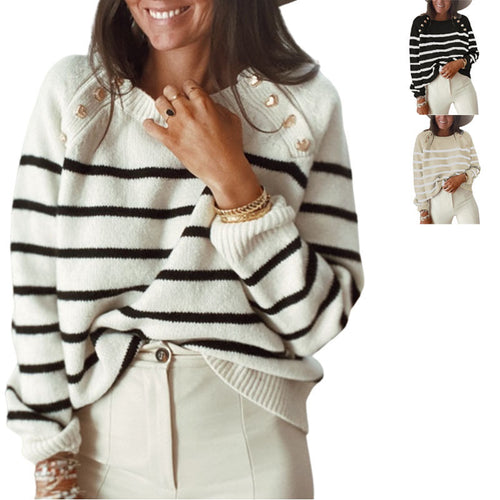 Damen Strickpullover mit zeitlosem Streifenmuster und dekorativen Knopfdetails EB