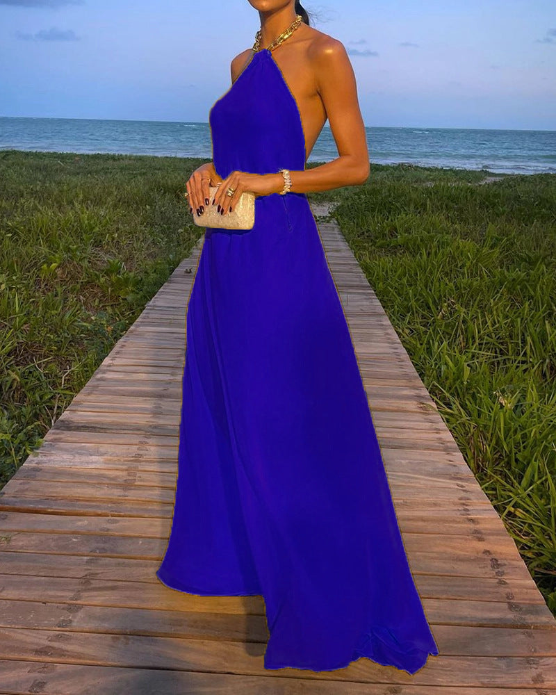 Damen Elegantes Maxikleid mit schmalem Halsband und fließendem Stoff EB